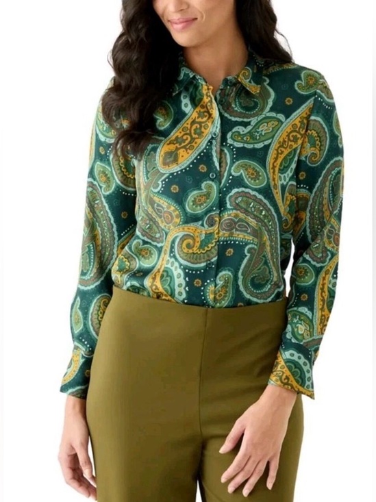 Chelsea & Theodore Tops - Chelsea & Theodore Paisley Satin Button Down Blouse Large Business Casual Boho